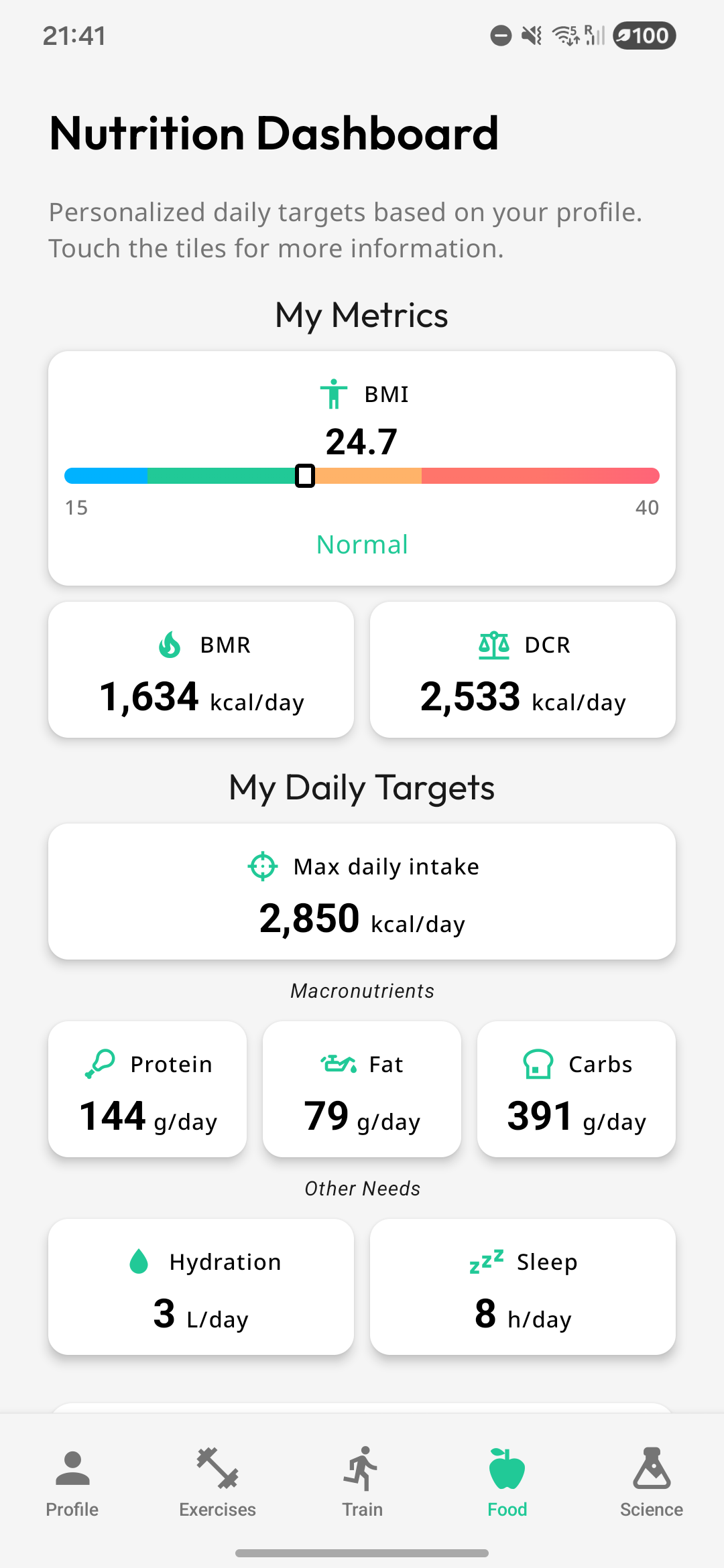 Nutrition dashboard with targets and metrics