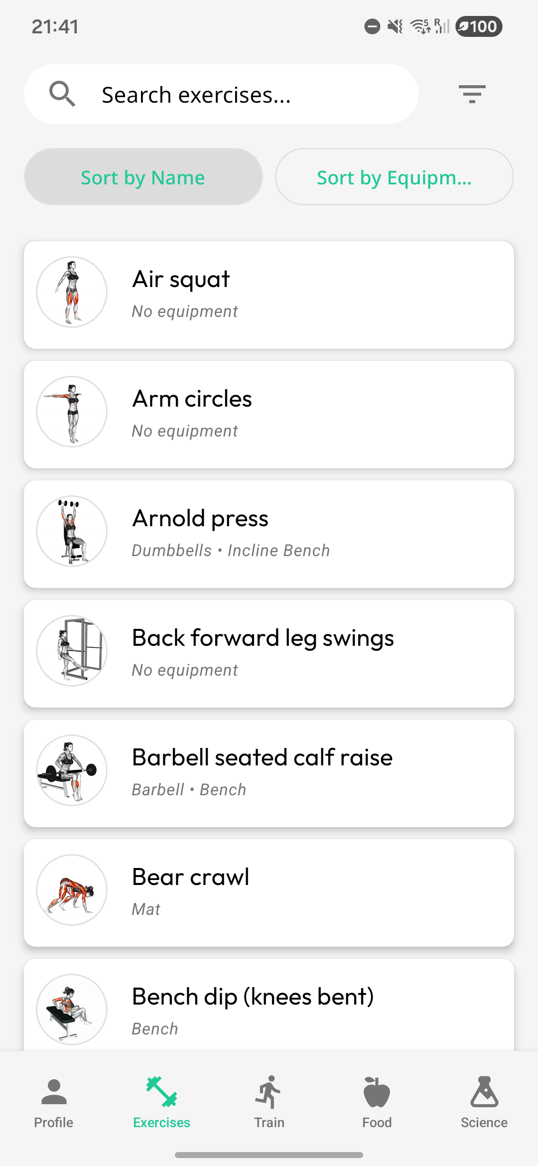 Exercise library screen with list and search