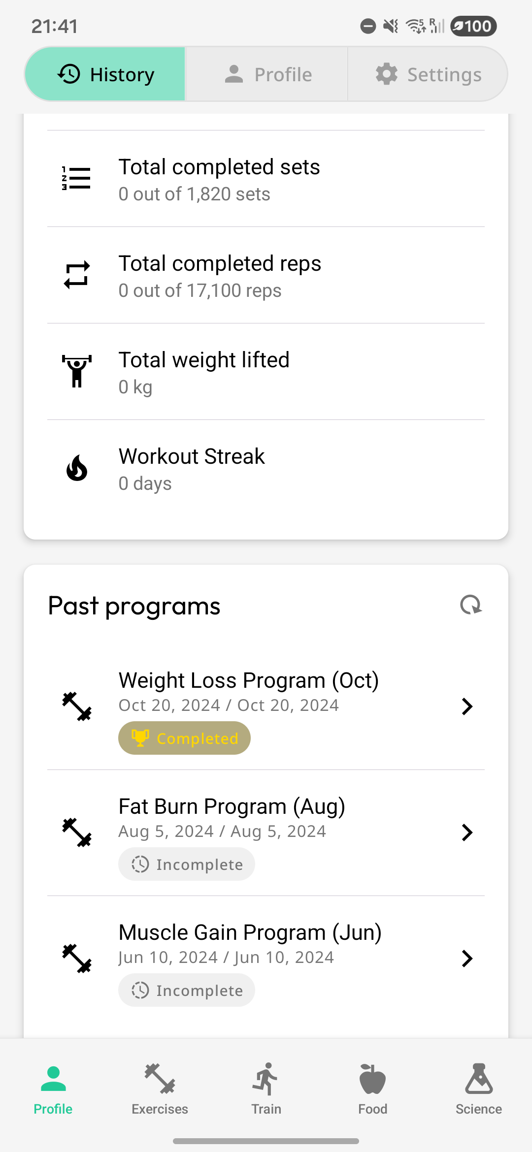 Profile history screen with stats and past programs
