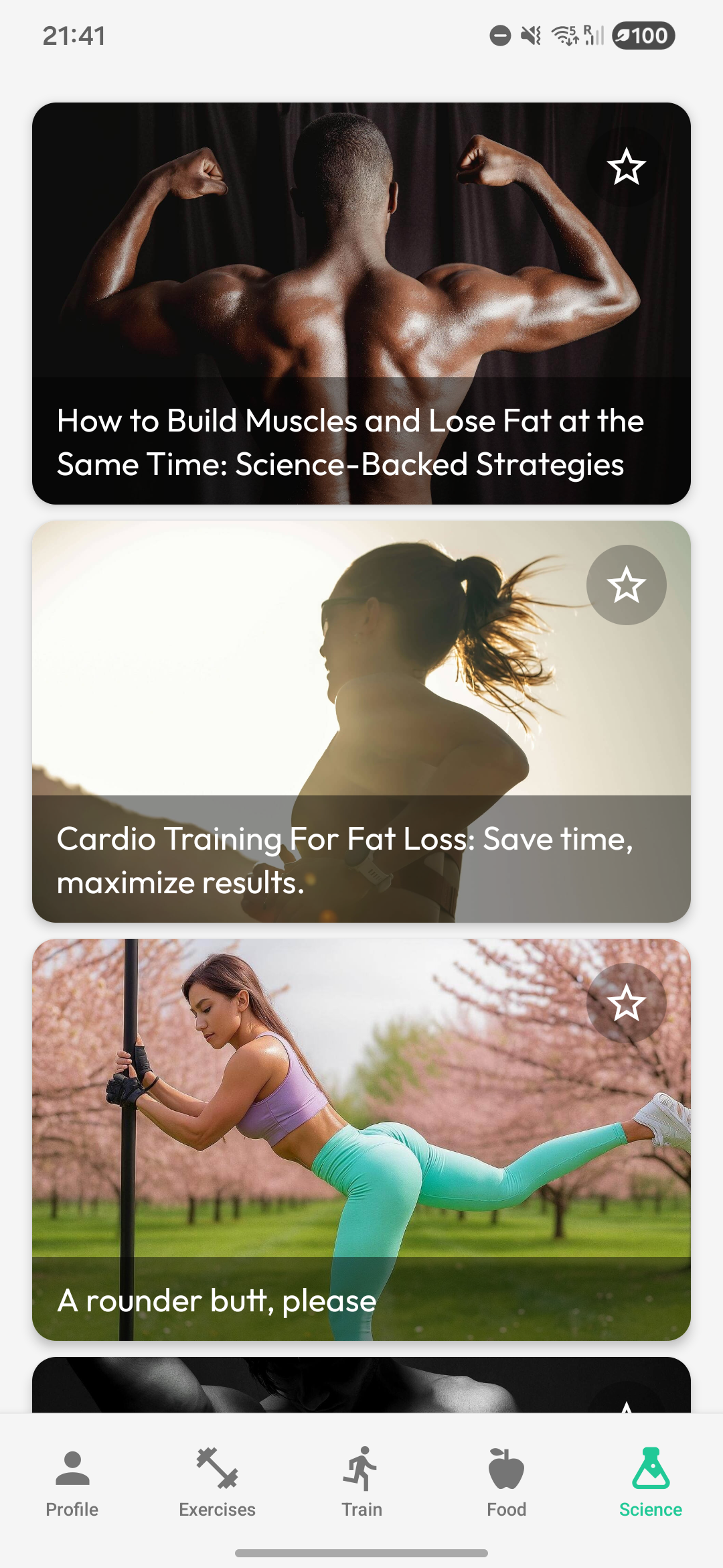 Science articles feed screen